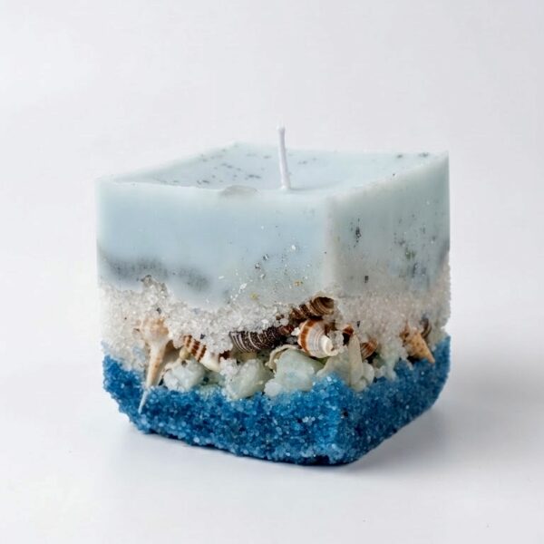 Square sea-mist candle with silver leaf, white sand, seashells and blue sand base by dEeArtify Studio