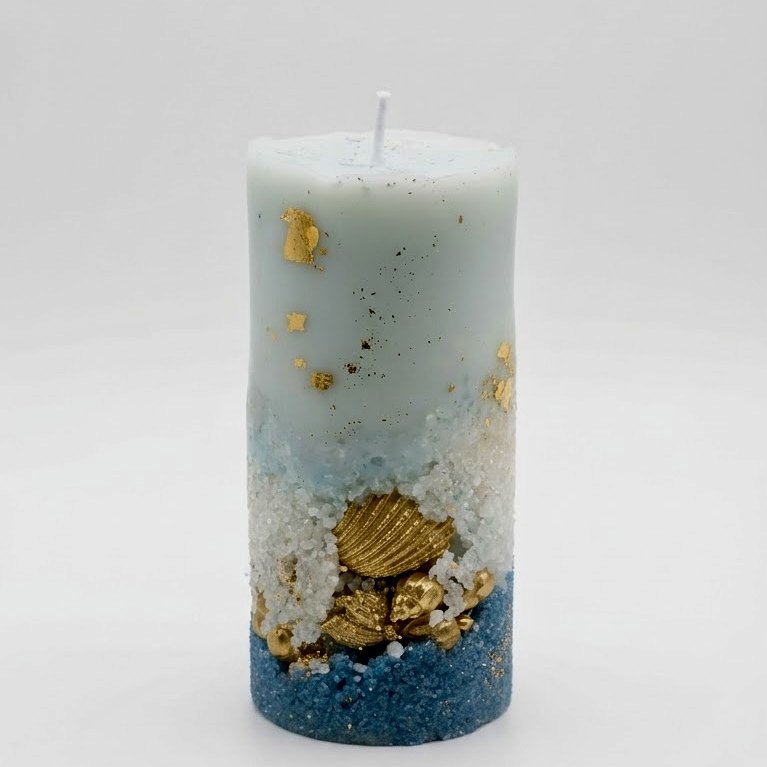 Ocean Shore Gold Shell Pillar Candle Sea-mist pillar candle with gold leaf, white sand and gold shells by dEeArtify Studio