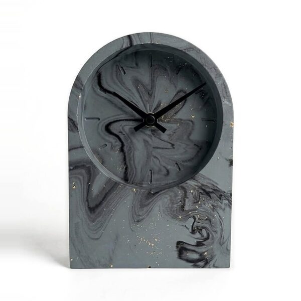 Grey and black marbled jesmonite arch table clock with recessed dial, black hands and gold flecks