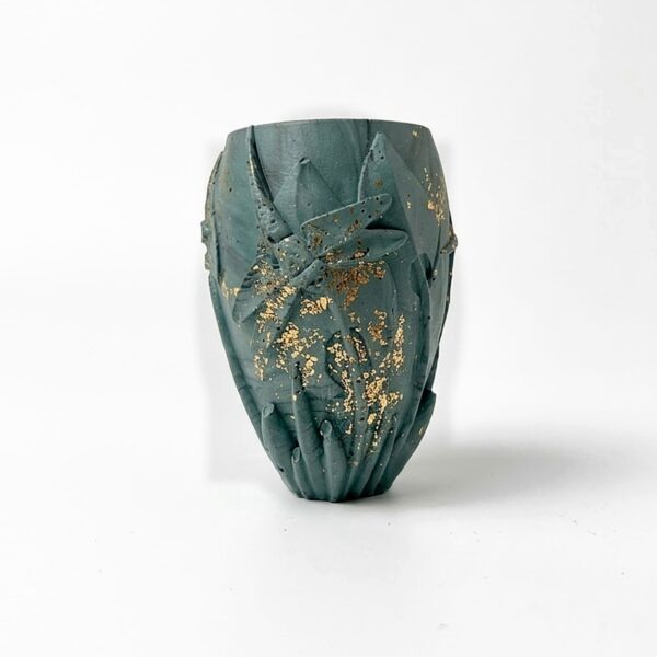 Hand-cast teal jesmonite candle holder and mini vase with dragonfly relief and gold leaf. Handmade in Bengaluru, a magical Diwali gift.