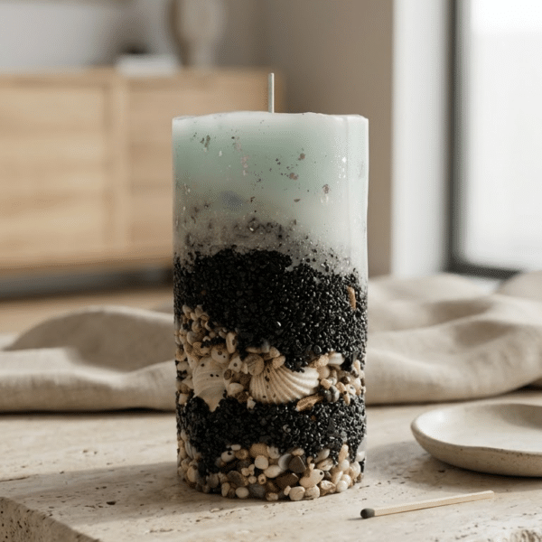 Sea Breeze ocean theme pillar candle with seashells, black sand and aqua top by dEeArtify Studio