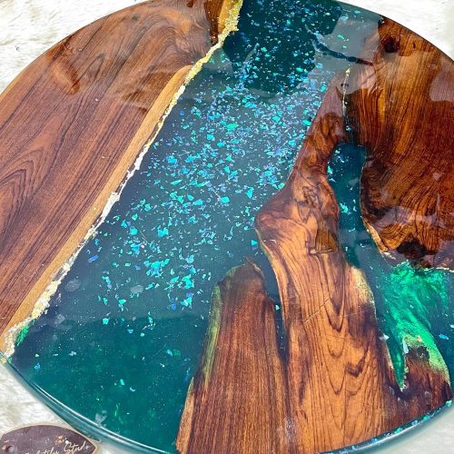 Home abalone luxe resin tray – pastel sea turquoise with gold handles