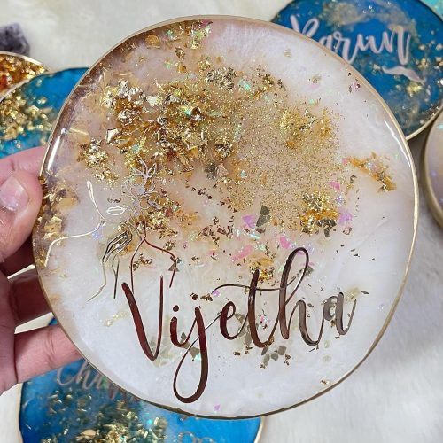 Home abalone luxe resin tray – pastel sea turquoise with gold handles