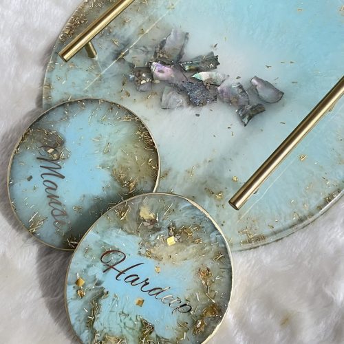 Home abalone luxe resin tray – pastel sea turquoise with gold handles