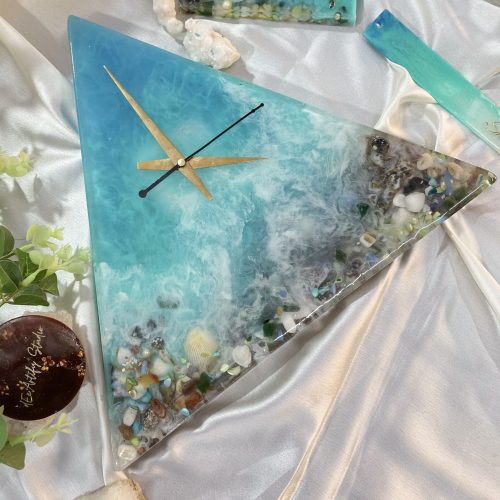 Home abalone luxe resin tray – pastel sea turquoise with gold handles